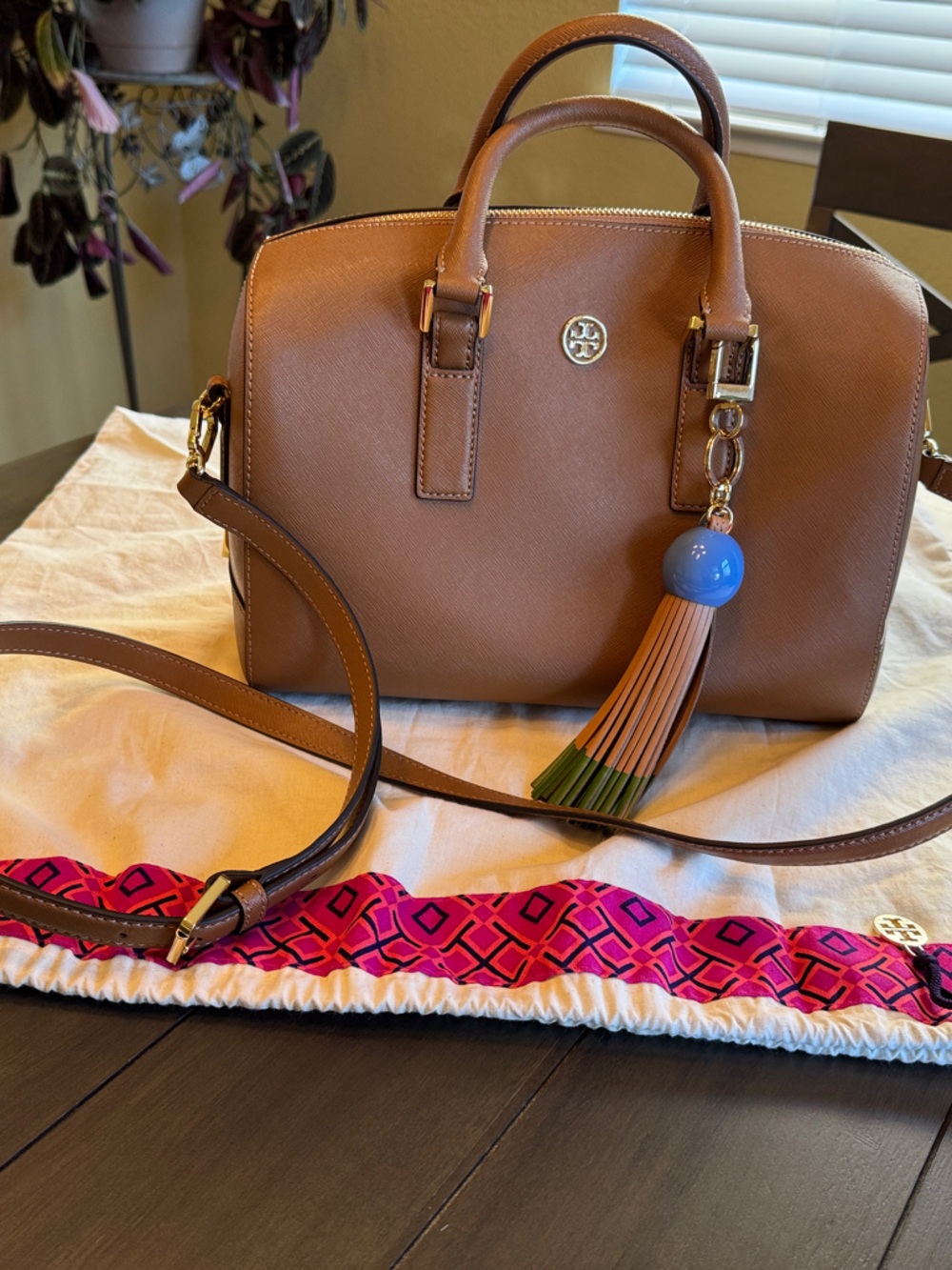 Tory Burch Leather Top Handle Bag with Tassel Charm